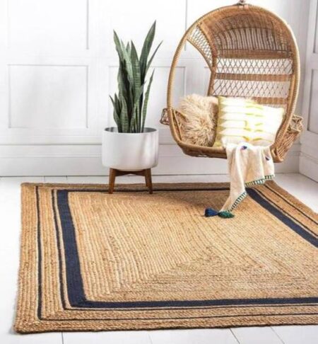 Handloom Jute, Braided Reversible Hand Woven Rectangular Rug/Carpet/Mat, For Living & Bedroom (Beige & White Double Patti, 4X6 Feet)