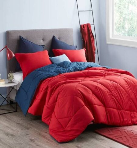 Solid Plain Reversible AC Comforter Double Bed King Size Quilt Blanket for Winter(90x100 inches) (Blue and Red)