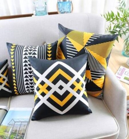 250TC Cushion Covers, 16x16 inches, Black & Yellow, Set of 5 Pieces