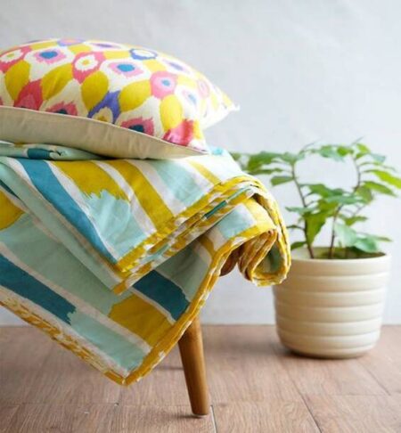 100% Cotton Reversible Dohar Double Bed Size | Artisan Block Design Blanket | Soft Lightweight Ac Comforter  (84"x88", Yellow ,White & Blue)
