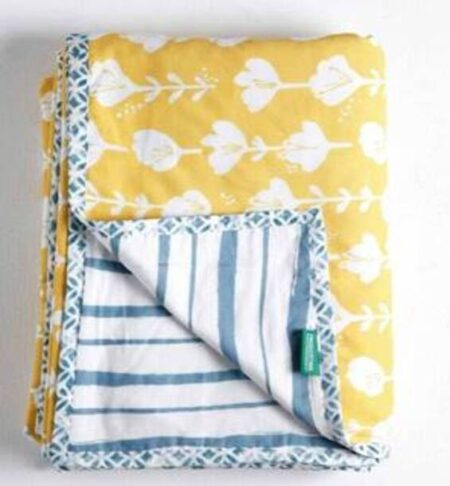100% Cotton Reversible Dohar Double Bed Size | AC Blanket Comforter | Soft Light-Weight Bed Blanket (84 x 88 inch, Yellow White Flowers, Pack of 1)