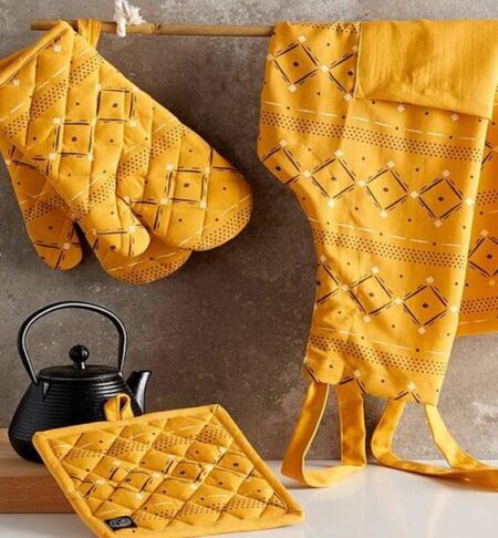 Cotton Designer Pattern Heat Resistant Kitchen Linens (1 Oven Mitt & 1 Pot Holder, Apron, Free Size (60x75 cm)) Set of 3 (Yellow)