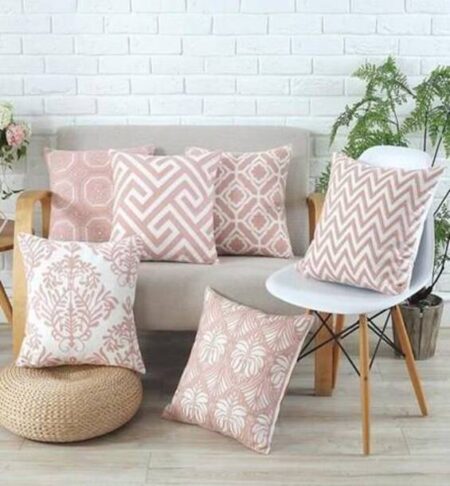 Light Pink Geometrical Ikat Ethnic Printed Poly Cotton Cushion Covers, Light Pink Set of 5 (16 x 16 Inches)