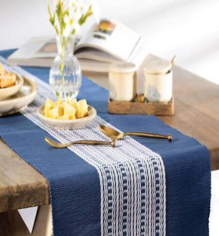 Blue Table Cover Linen with Modern Border, Home Decor Items(40 x 40 Inches, Single Pc)
