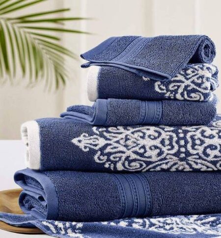 100% Indian Cotton Plush 5 Piece Towel Set, 500 GSM, Highly Absorbent, Fade Resistant, Quick Drying (Navy Blue)