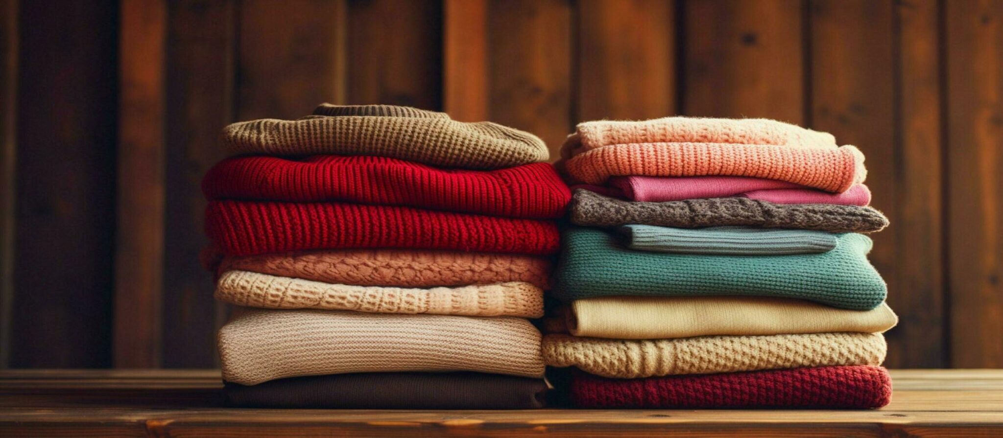 a-stack-of-sweaters-on-a-wooden-table-free-photo