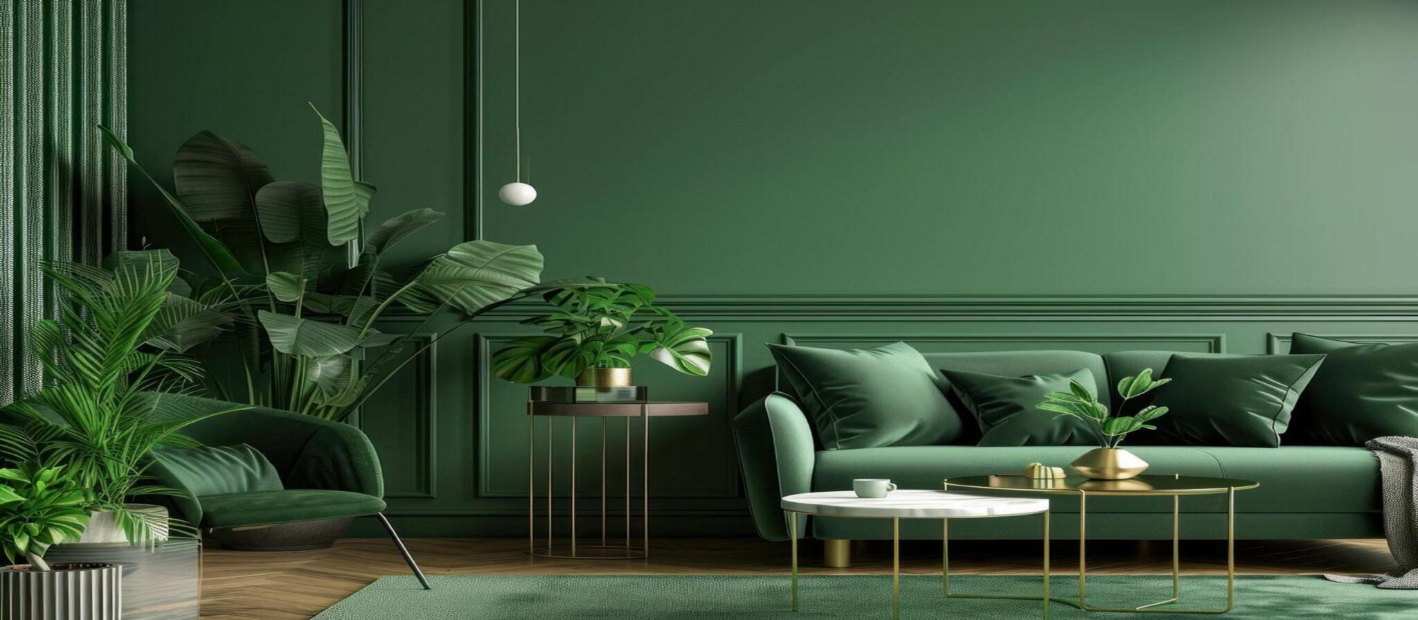 ai-generated-a-living-room-with-green-walls-and-plants-free-photo
