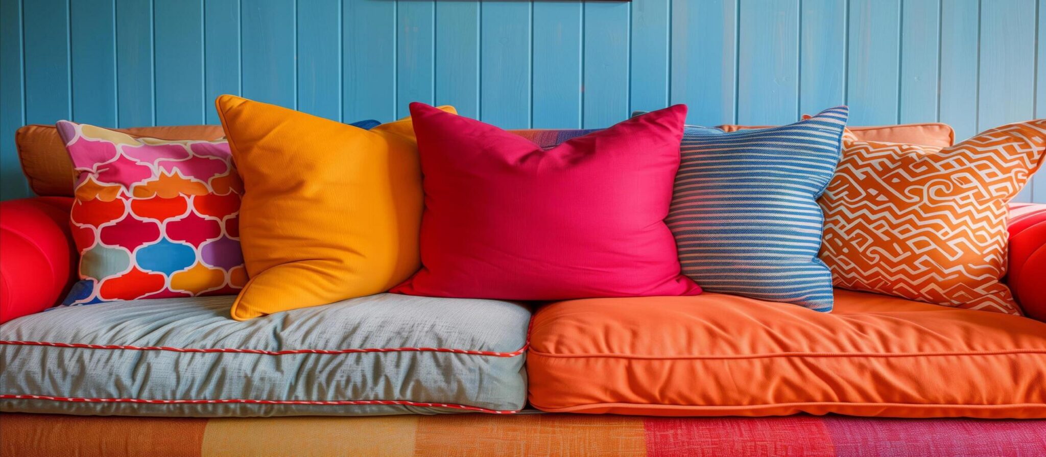 colorful-assortment-of-cushions-on-modern-couch-against-blue-wall-free-photo