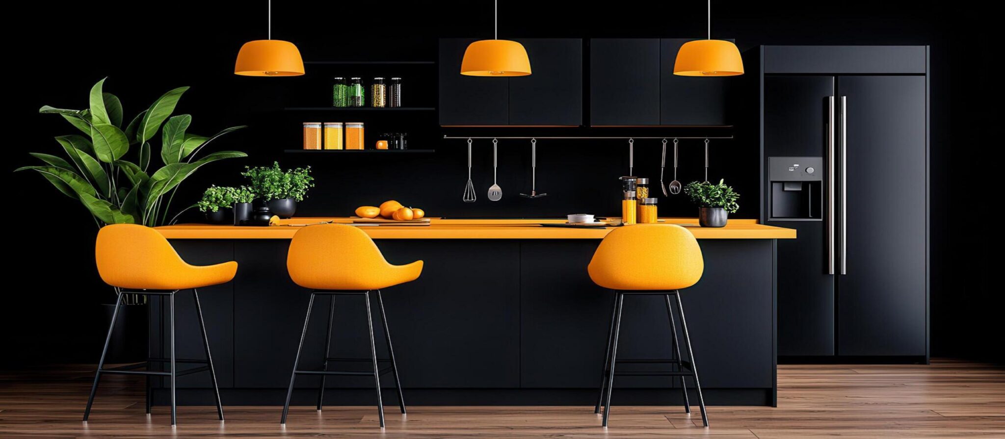 modern-black-and-orange-kitchen-interior-design-with-stylish-bar-stools-free-photo