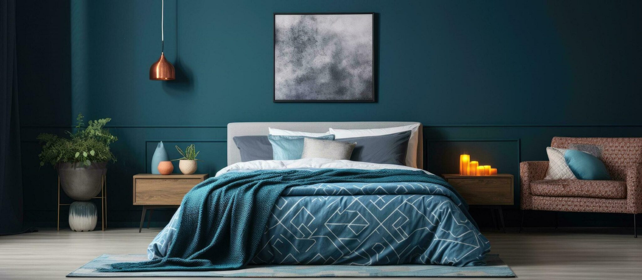 realgraph-of-a-modern-bedroom-interior-with-a-blue-bed-covered-by-a-dark-blanket-and-decorated-with-patterned-pillows-and-posters-free-photo
