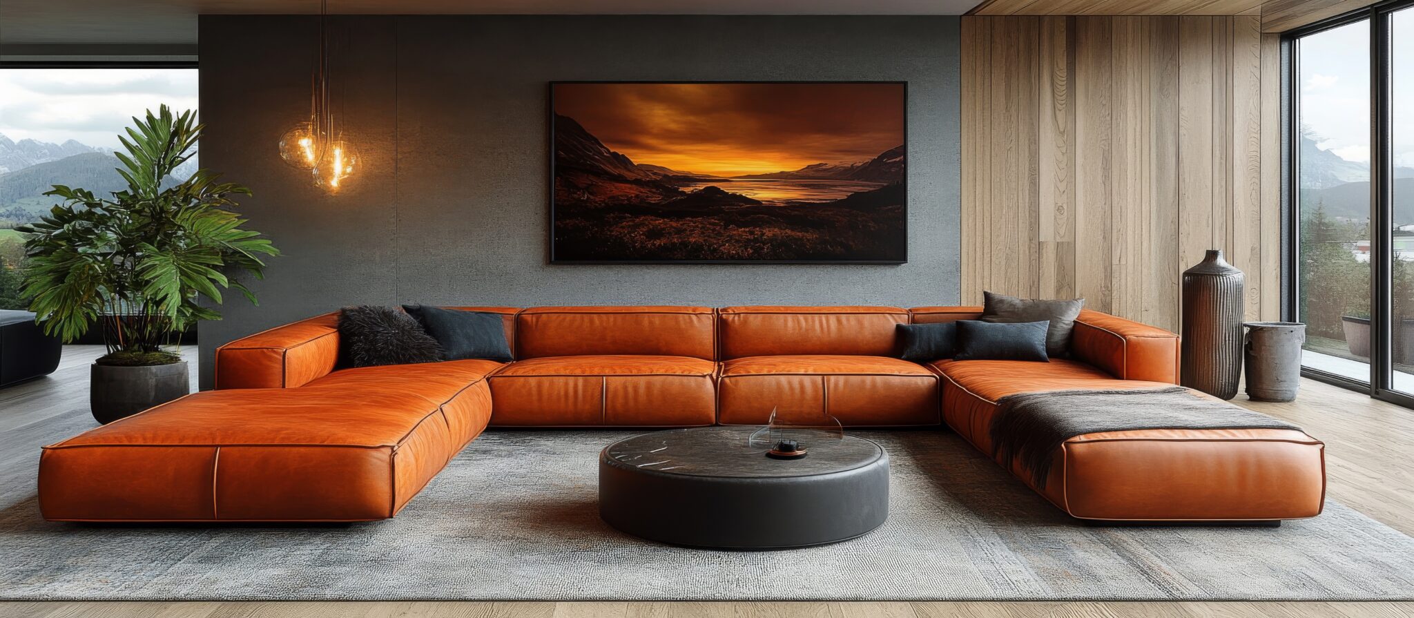 A stylish living room showcases a warm orange sofa paired with minimalist artwork on the walls. Lush greenery is visible outside through large windows, creating a serene atmosphere.