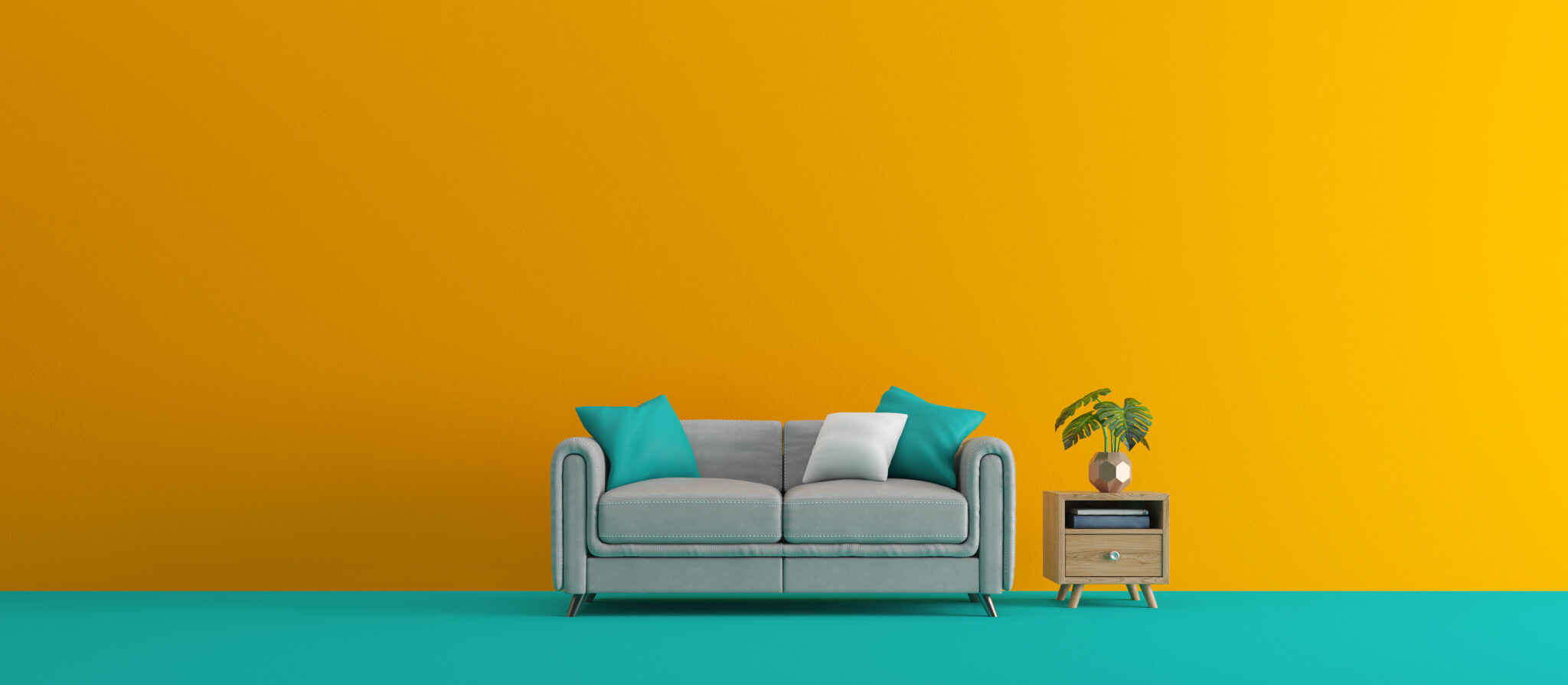 Interior design.Minimal concept with blue and yellow color.3d rendering